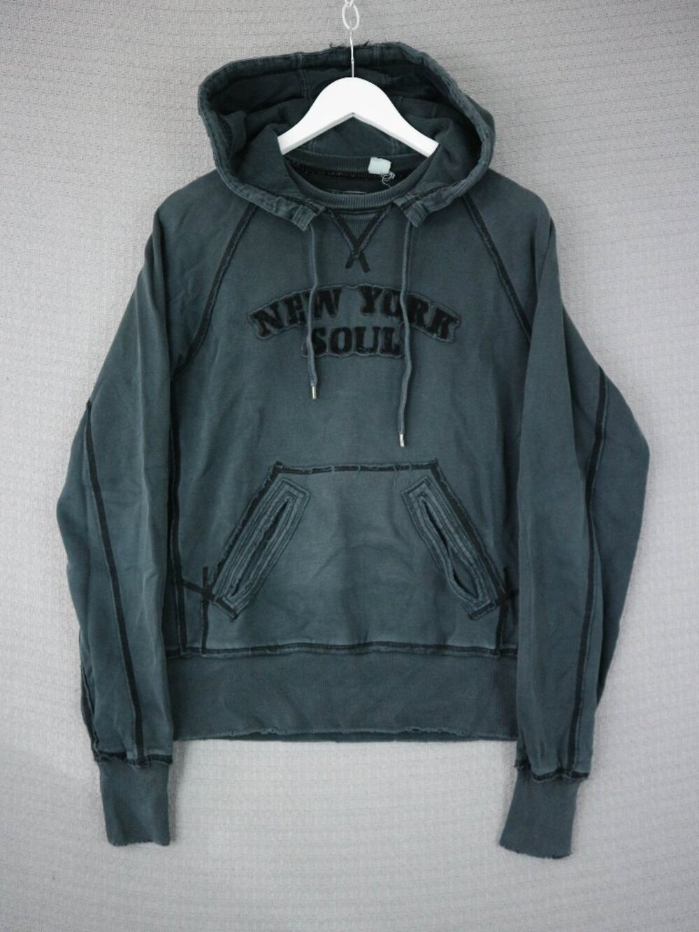 Triple Five Soul New York Spellout Pullover Hoodie Distressed Faded Black Medium